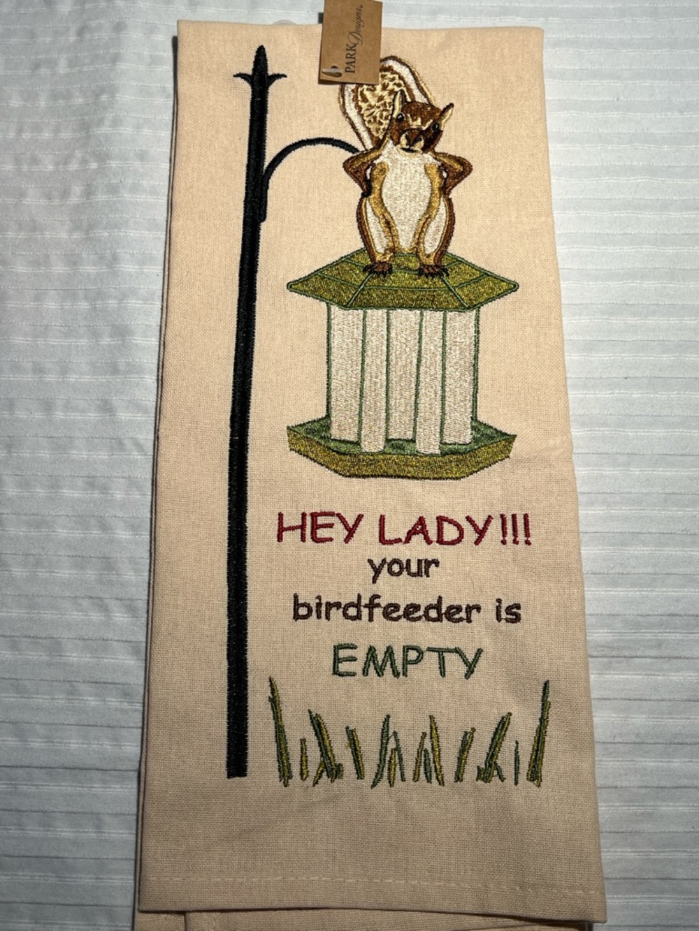 Park Lane Beige Kitchen Towel with Multicolor Embroidered Squirrel & Birdfeeder